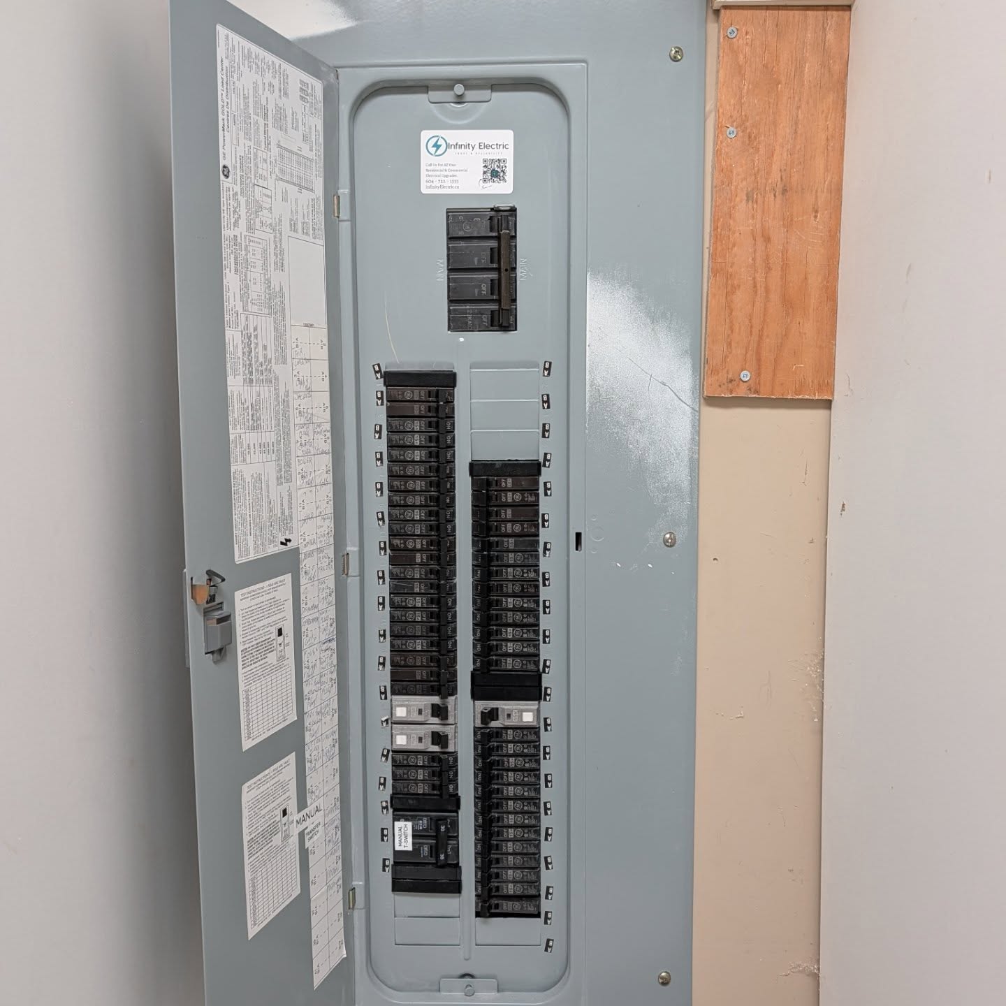 Overall view of the electrical panel and manual transfer switch