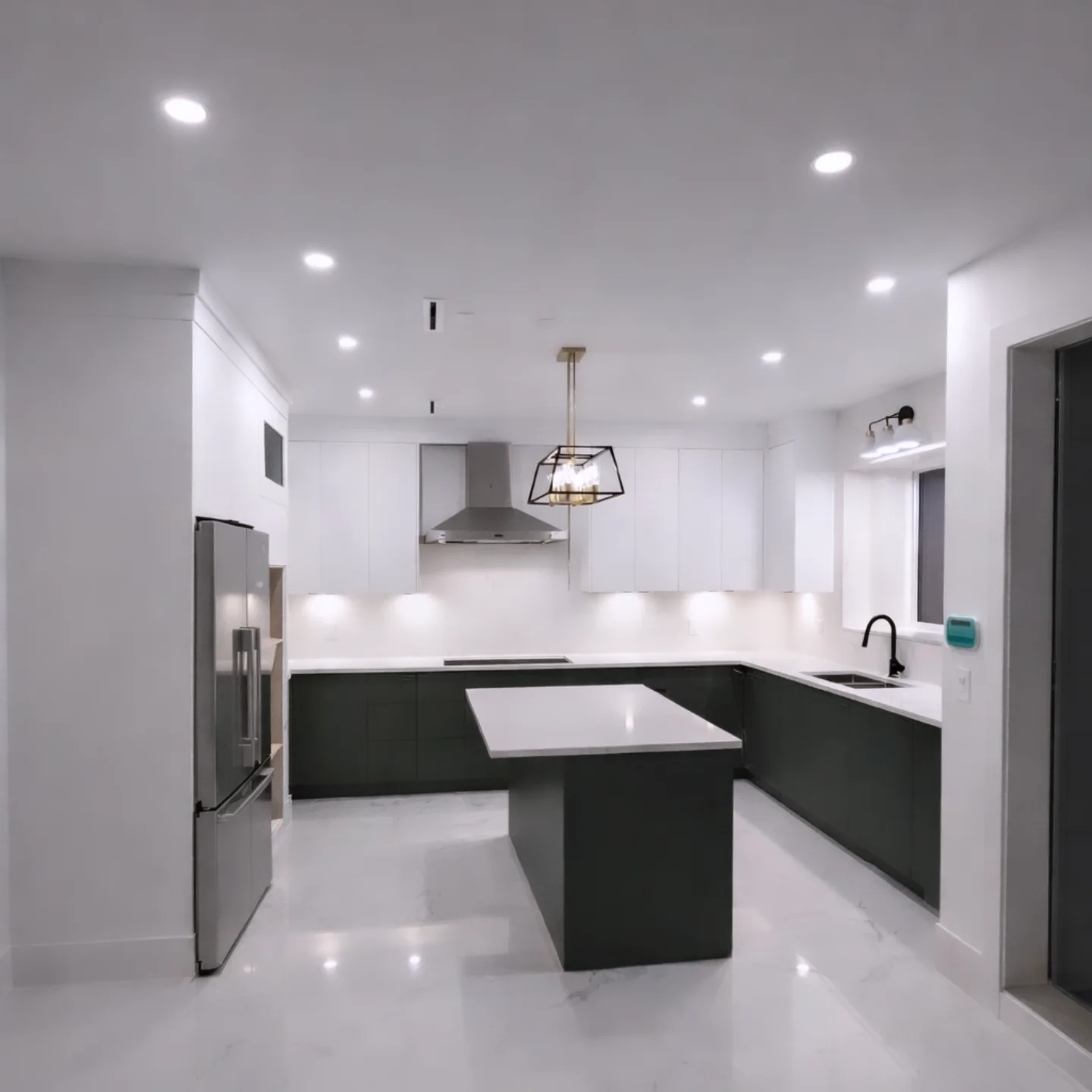 Finished kitchen with recessed lights, an island pendant and under-cabinet lighting